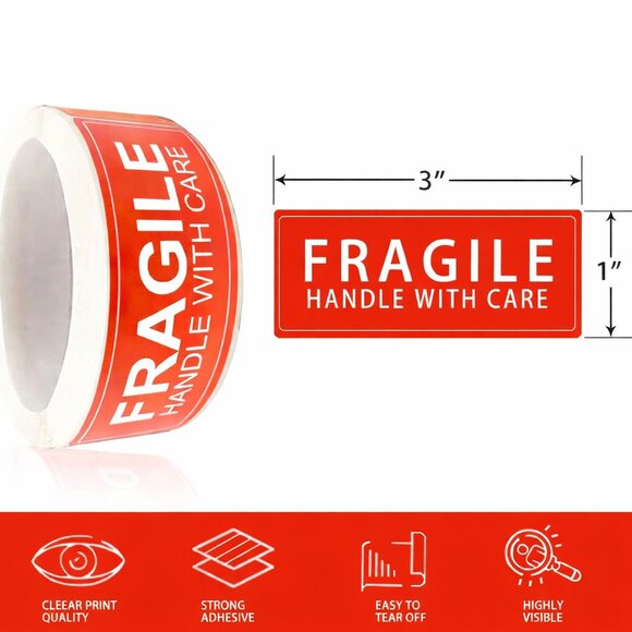 250ct Fragile Handle With Care Warning Stickers, 3" x 1" - Picture 3 of 3